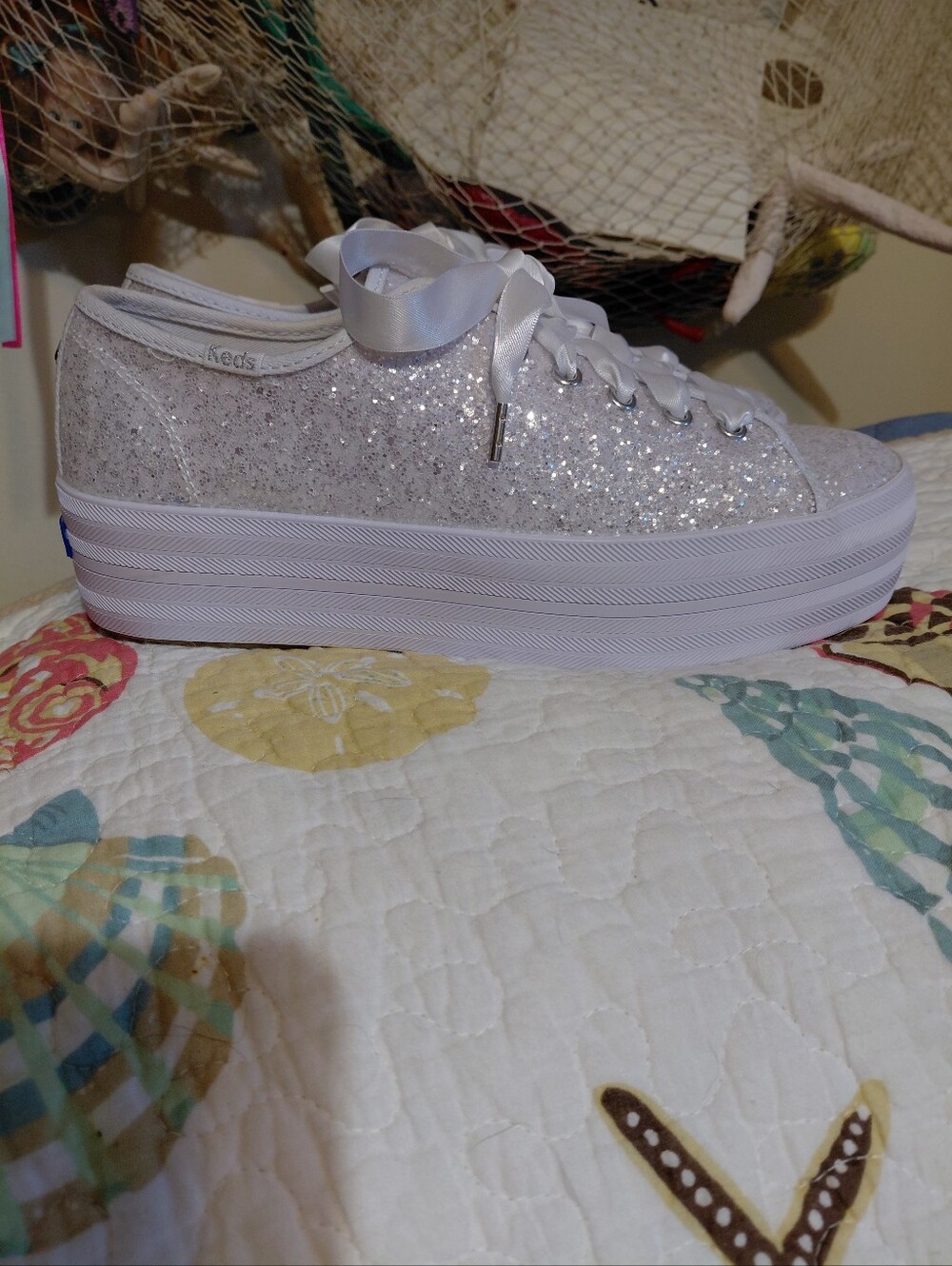 Keds x Kate Spade Sneakers Womens 8.5 White Glitter Ribbon Lace Bridal Champion